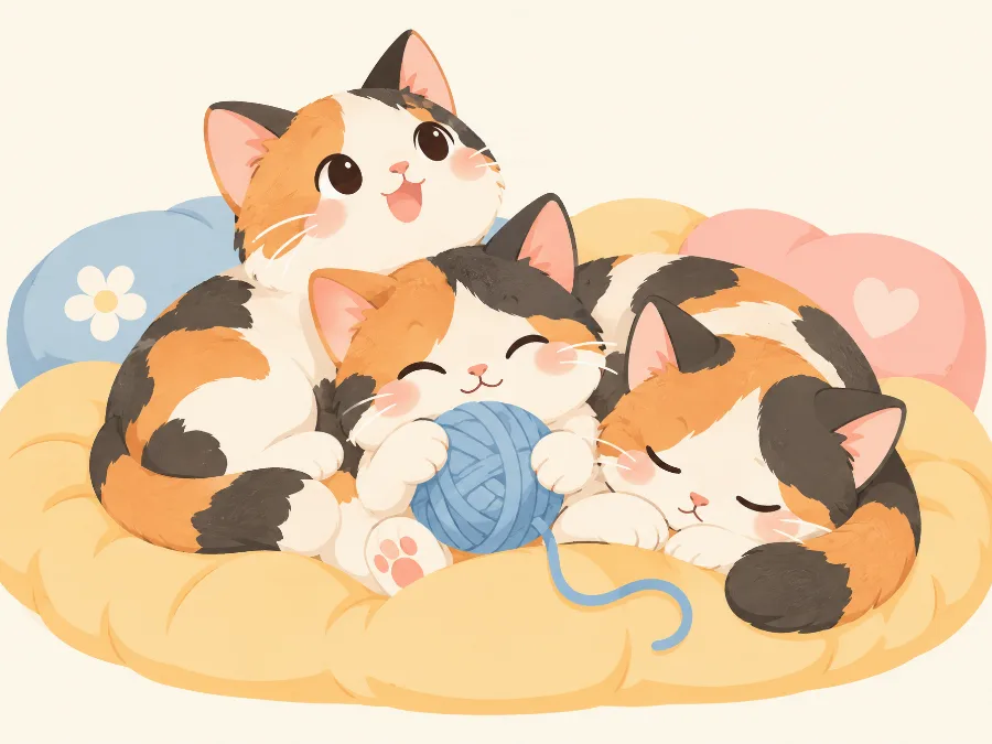 Three calico cats cuddled together on a cushion