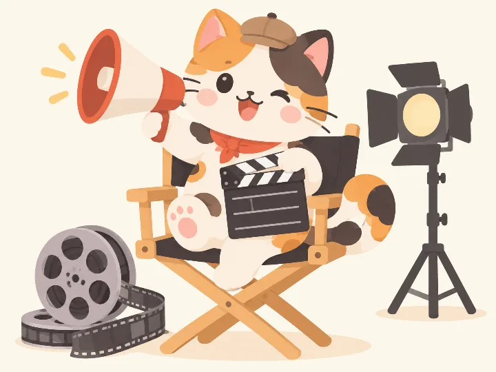 Calico cat film director with a megaphone and clapperboard