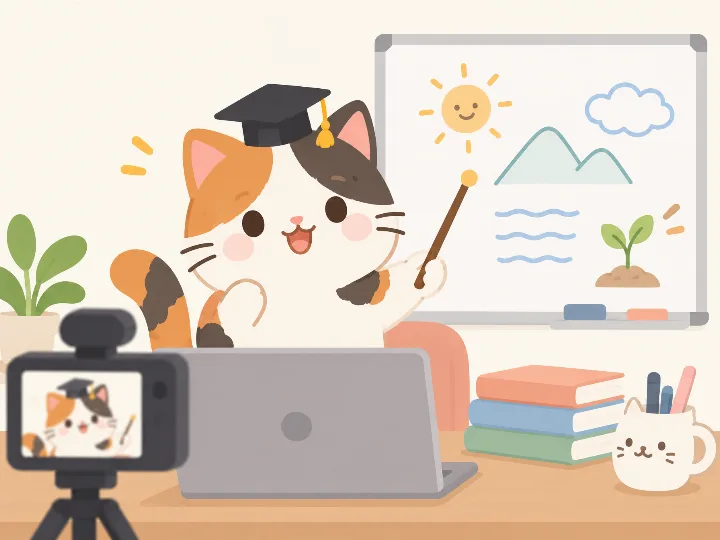 Calico cat in a graduation cap teaching on camera